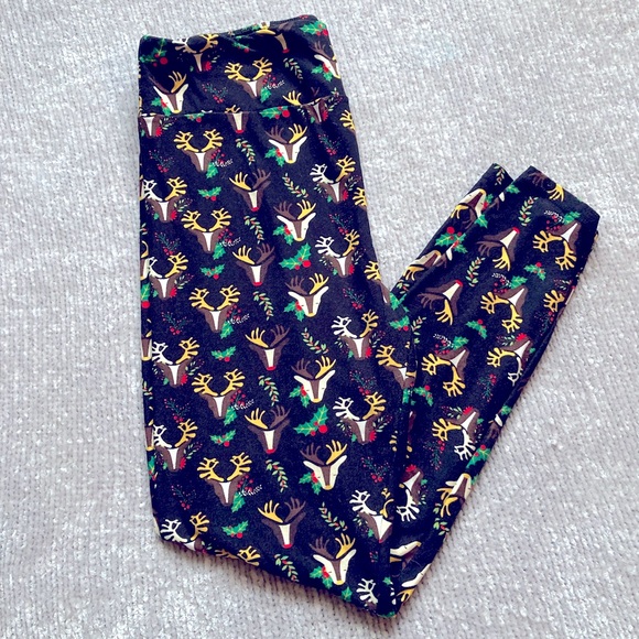 LulaRoe Deer Leggings Reindeer Christmas Holiday Holly Black Red, TC - Picture 1 of 5